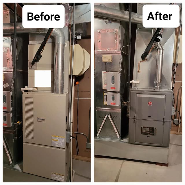 Before and after — an older basement furnace replaced with a new Rheem high-efficiency furnace