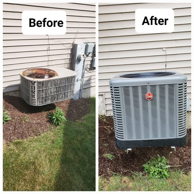 Before and after — an aging York air conditioner replaced with a new high-efficiency Rheem condenser