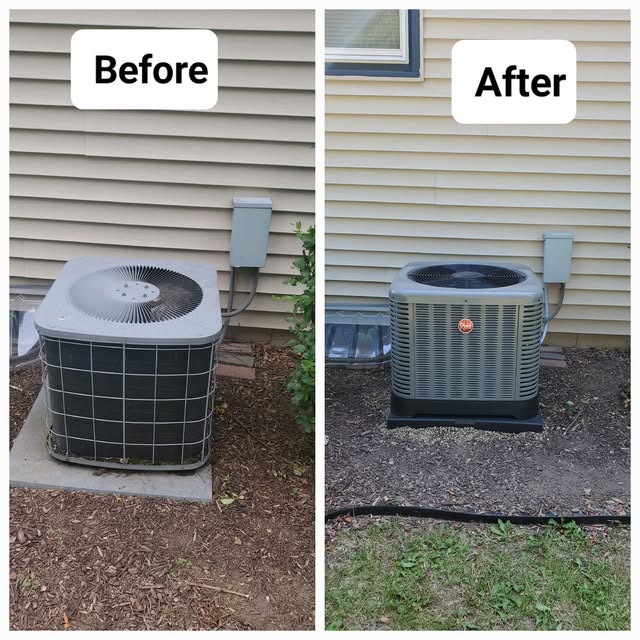 Before and after — a weathered outdoor condenser swapped for a new Rheem air-conditioning unit