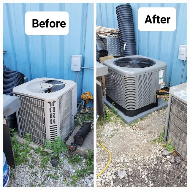 Before and after — an old York condenser replaced with a new Rheem unit at a commercial property